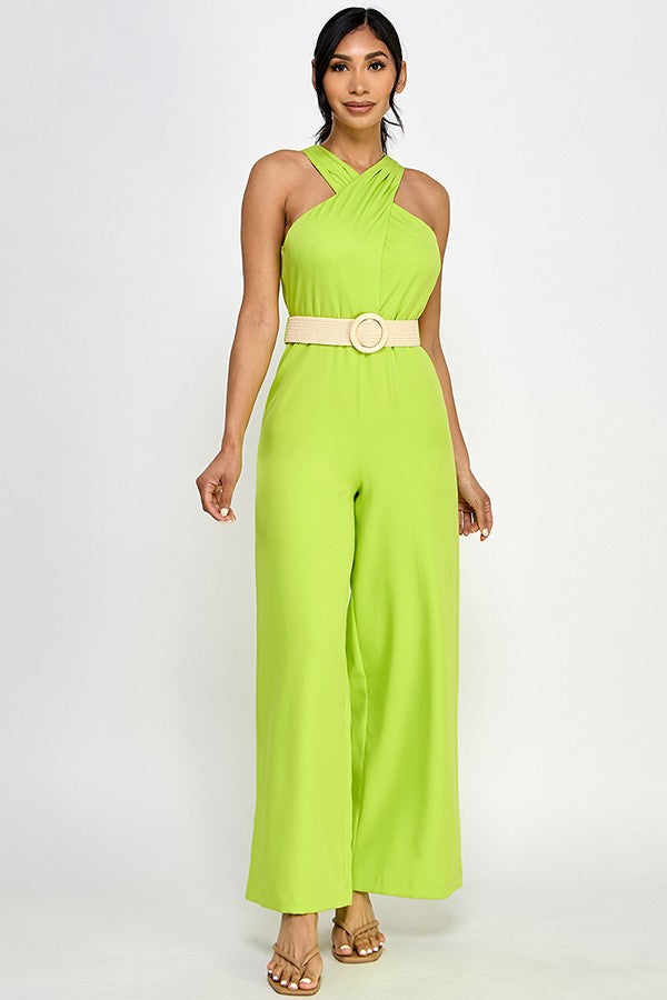 belted cross over neckline sleeveless jumpsuit