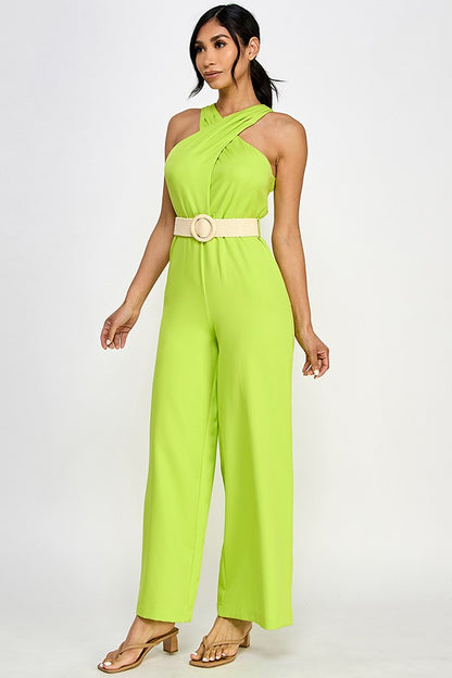 belted cross over neckline sleeveless jumpsuit