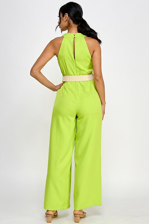 belted cross over neckline sleeveless jumpsuit