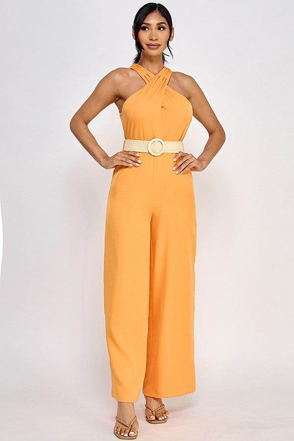 belted cross over neckline sleeveless jumpsuit