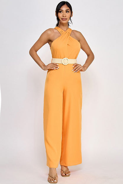 belted cross over neckline sleeveless jumpsuit