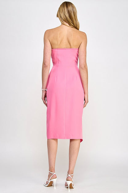 Strapless Draped Midi Dress with Ruffle