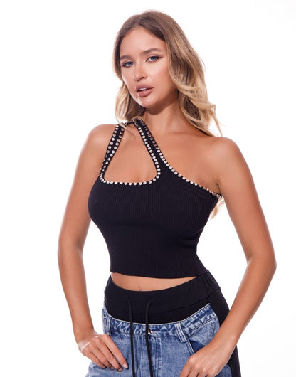 studded cutout one shoulder crop top