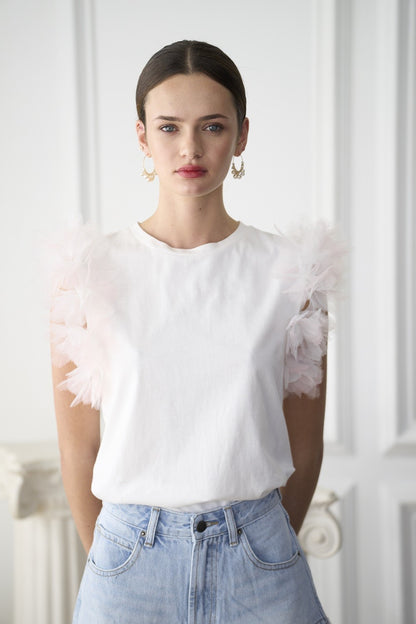 flower tulle sleeve t-shirt