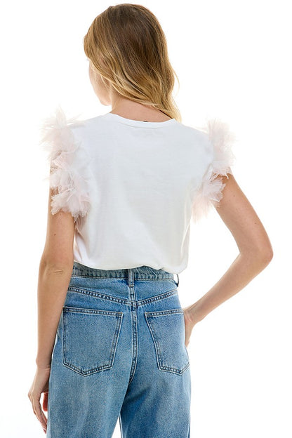 flower tulle sleeve t-shirt