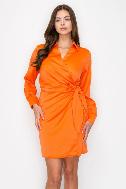 Satin Surplice Wrap Collared Long Sleeve Dress