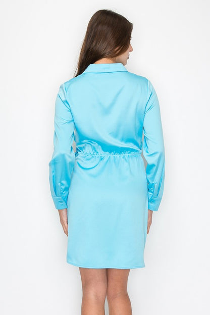 Satin Surplice Wrap Collared Long Sleeve Dress