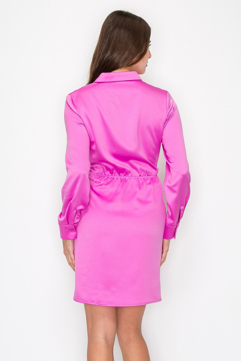 Satin Surplice Wrap Collared Long Sleeve Dress