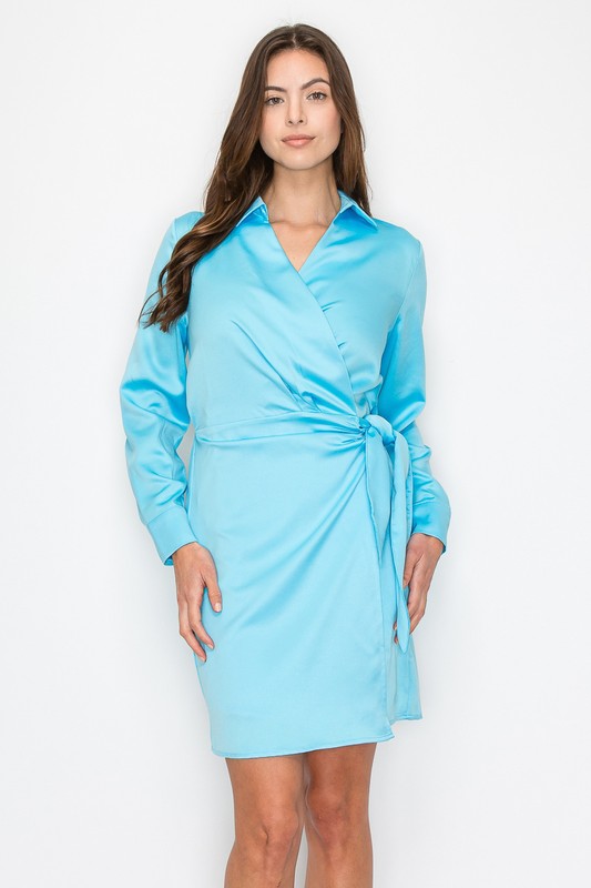 Satin Surplice Wrap Collared Long Sleeve Dress