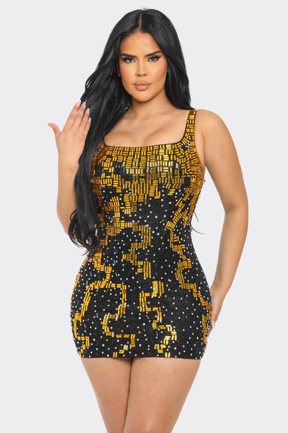 rhinestone & jeweled geo pattern sleeveless dress