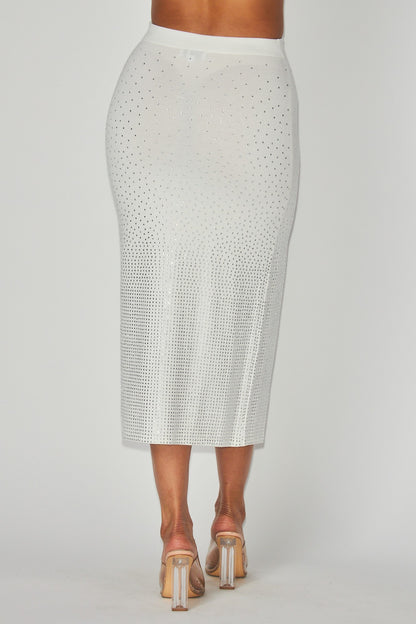 rhinestone studded knit midi skirt