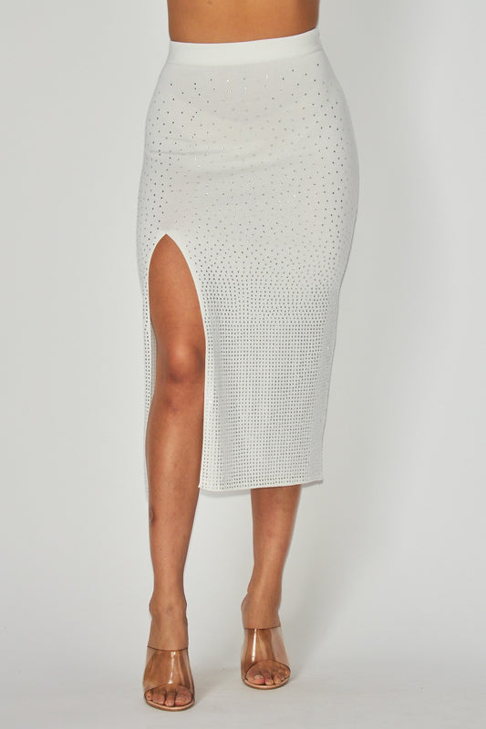 rhinestone studded knit midi skirt