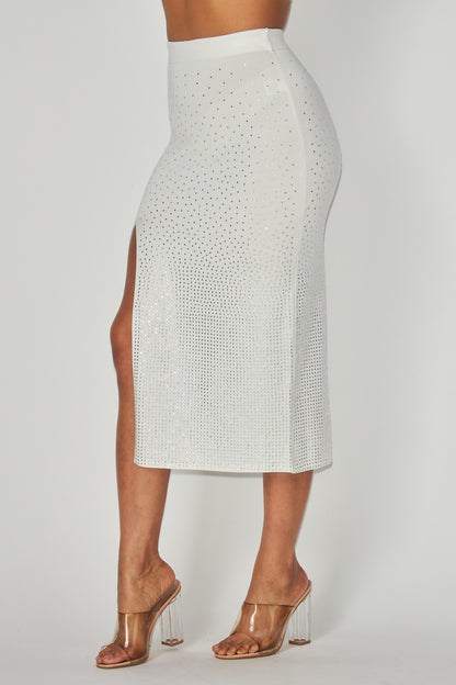 rhinestone studded knit midi skirt