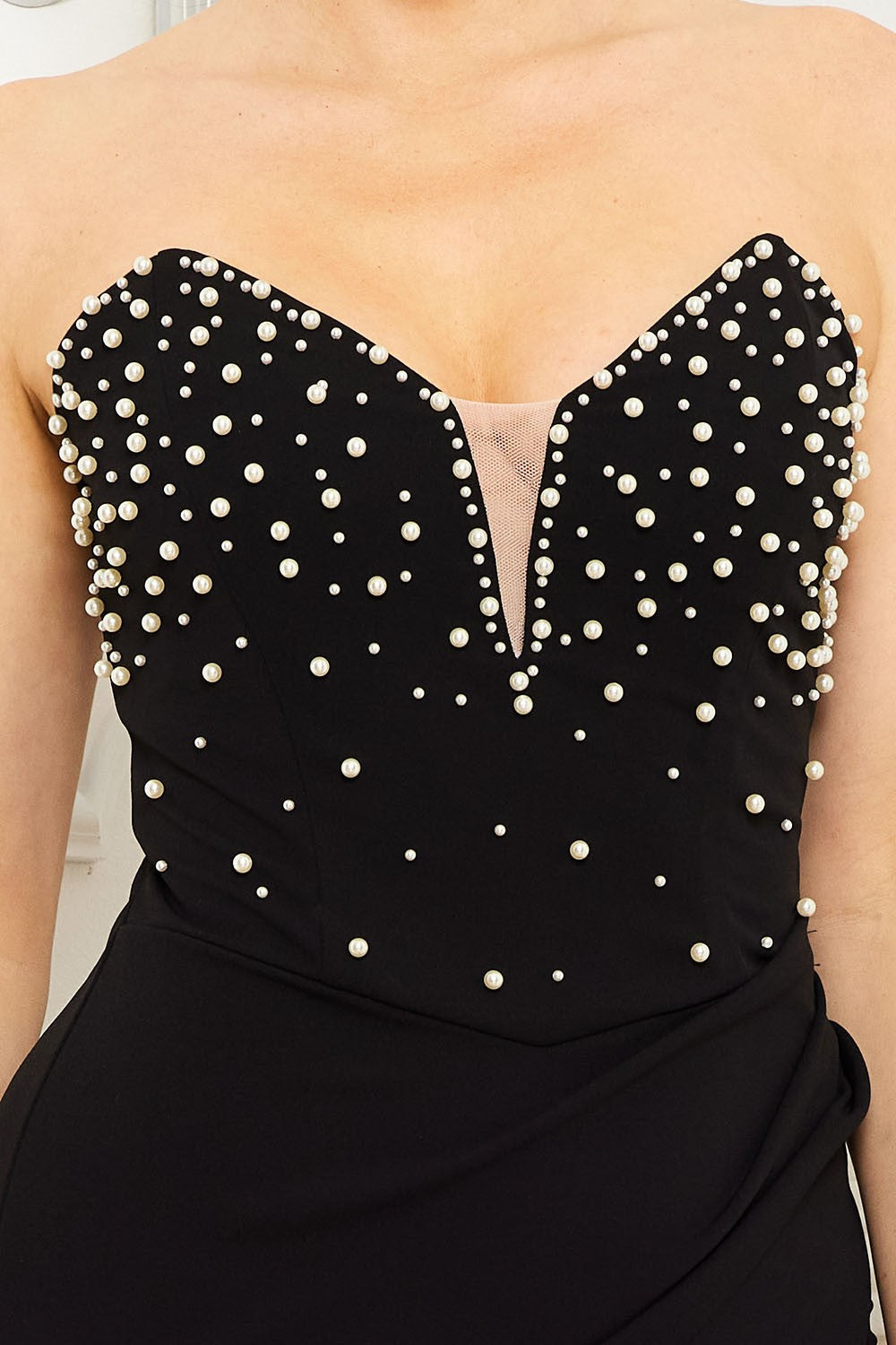 pearl beaded strapless dress