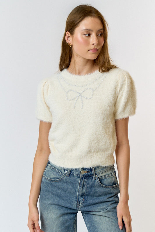 pearl bow fuzzy short sleeve sweater