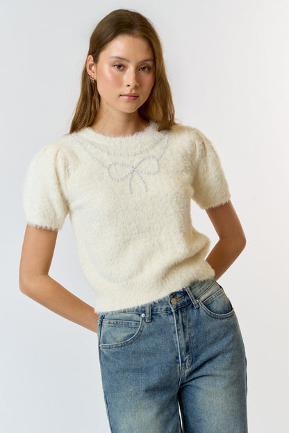 pearl bow fuzzy short sleeve sweater