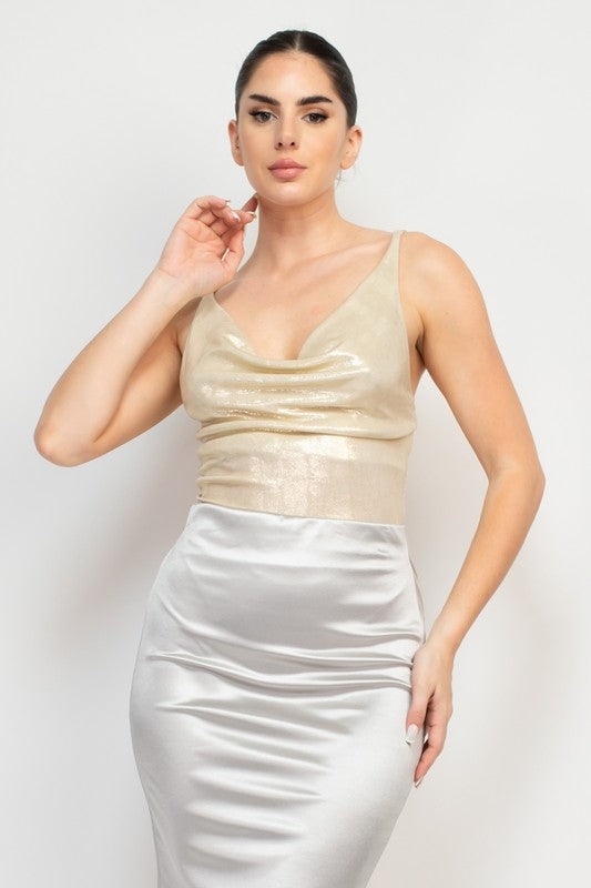 Metallic Cowl Neck Cami Bodysuit