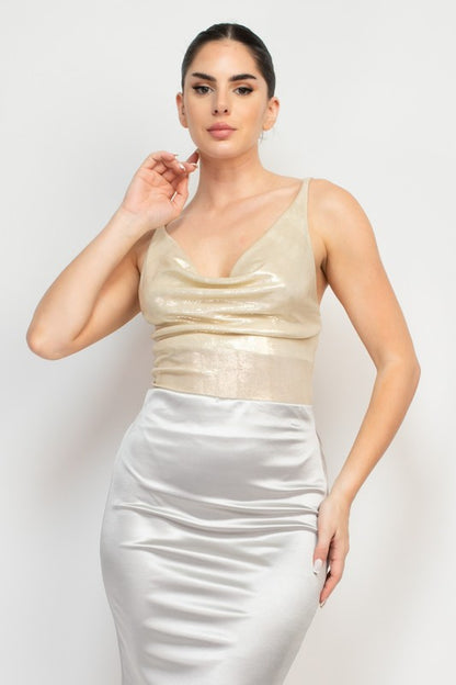 Metallic Cowl Neck Cami Bodysuit