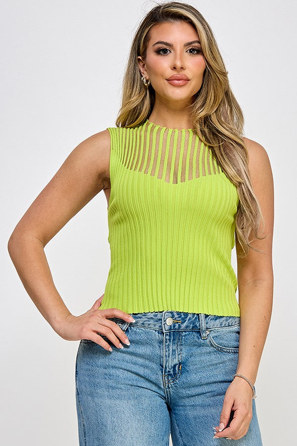 Sheer Panel Ribbed Sleeveless High Neck Top