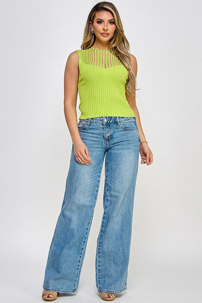 Sheer Panel Ribbed Sleeveless High Neck Top