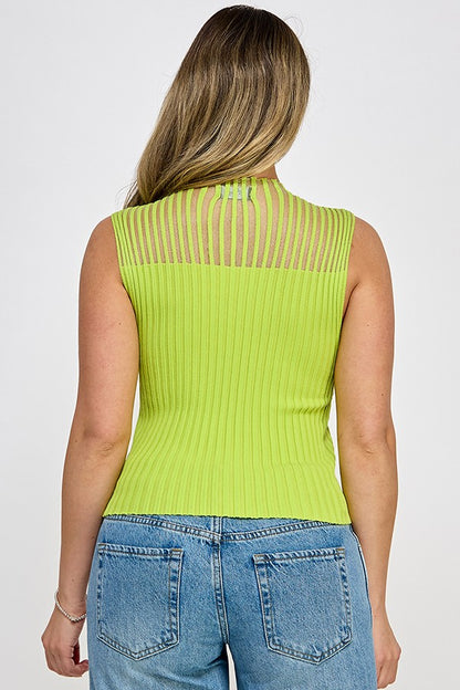 Sheer Panel Ribbed Sleeveless High Neck Top