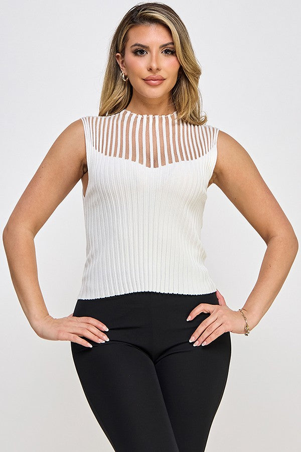 Sheer Panel Ribbed Sleeveless High Neck Top