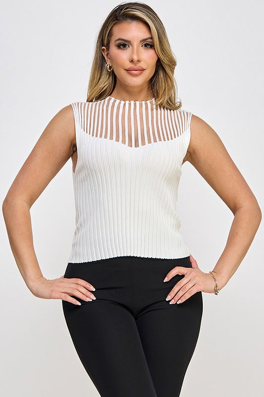 Sheer Panel Ribbed Sleeveless High Neck Top