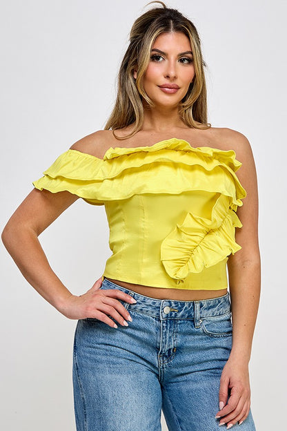 Sleeveless Ruffle Trim One Sleeve Top