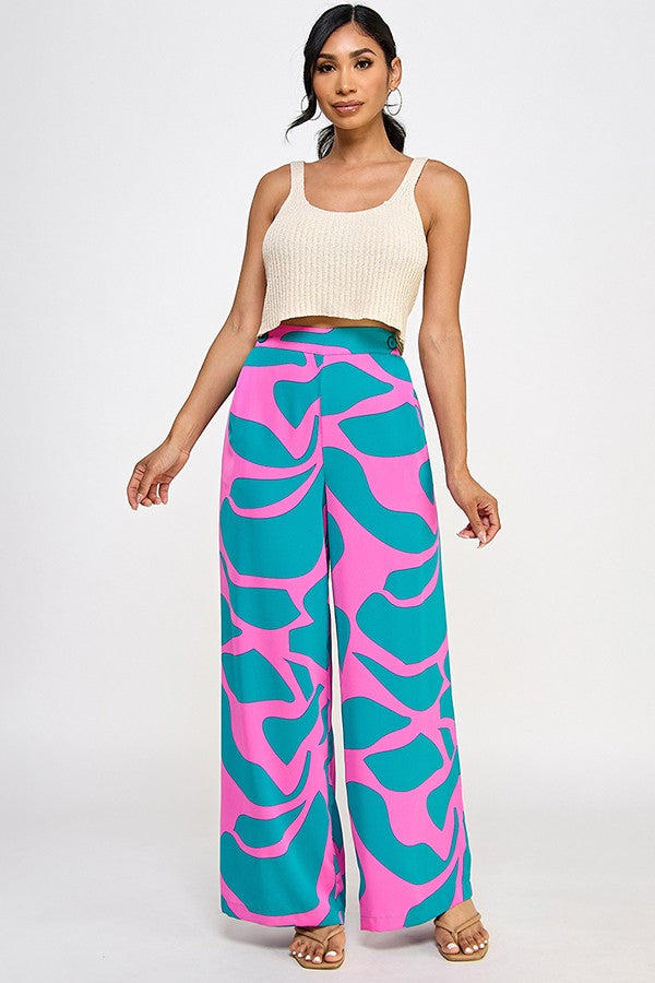 print high waist wide leg pants