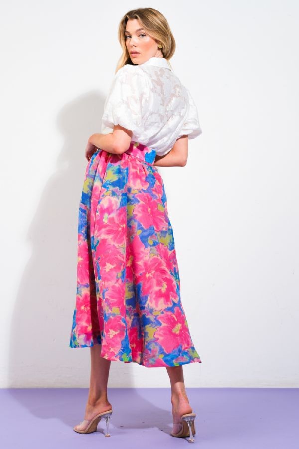 chiffon floral print a-line midi skirt