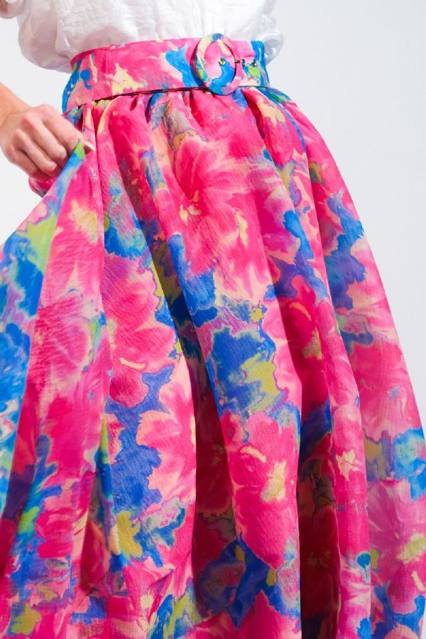 chiffon floral print a-line midi skirt