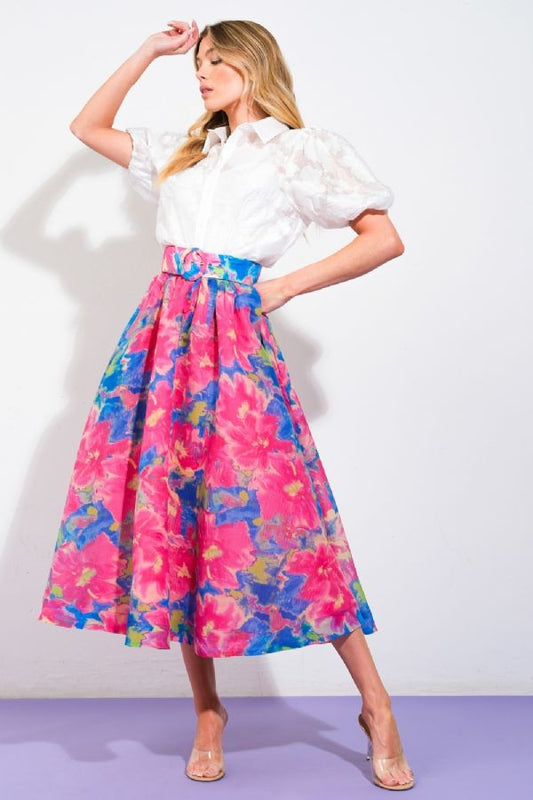 chiffon floral print a-line midi skirt