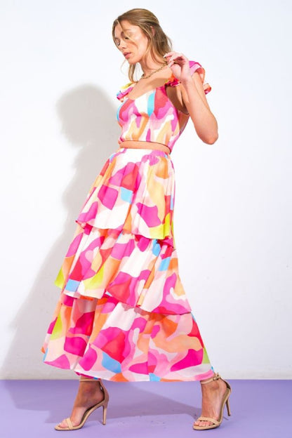 2pc set- print smocked top & tiered maxi skirt