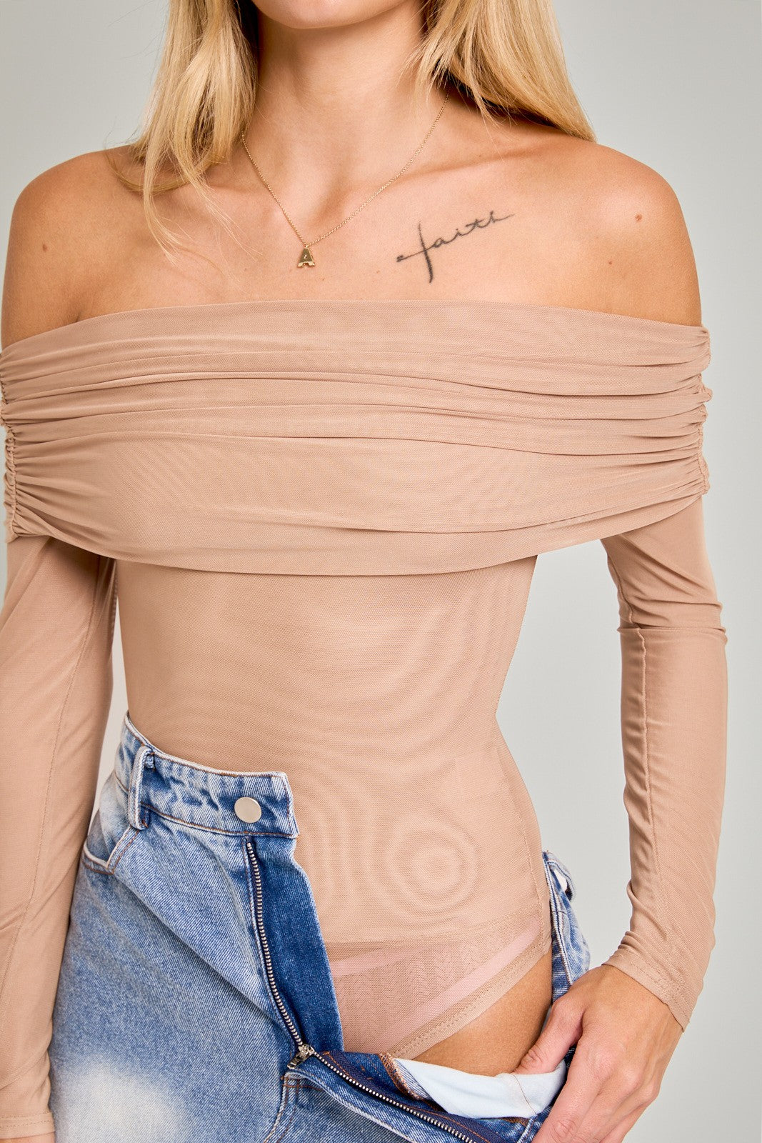 mesh fold over off the shoulder long sleeve bodysuit