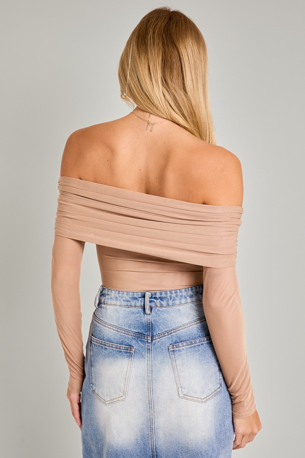 mesh fold over off the shoulder long sleeve bodysuit