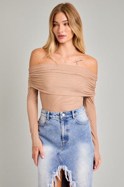 mesh fold over off the shoulder long sleeve bodysuit