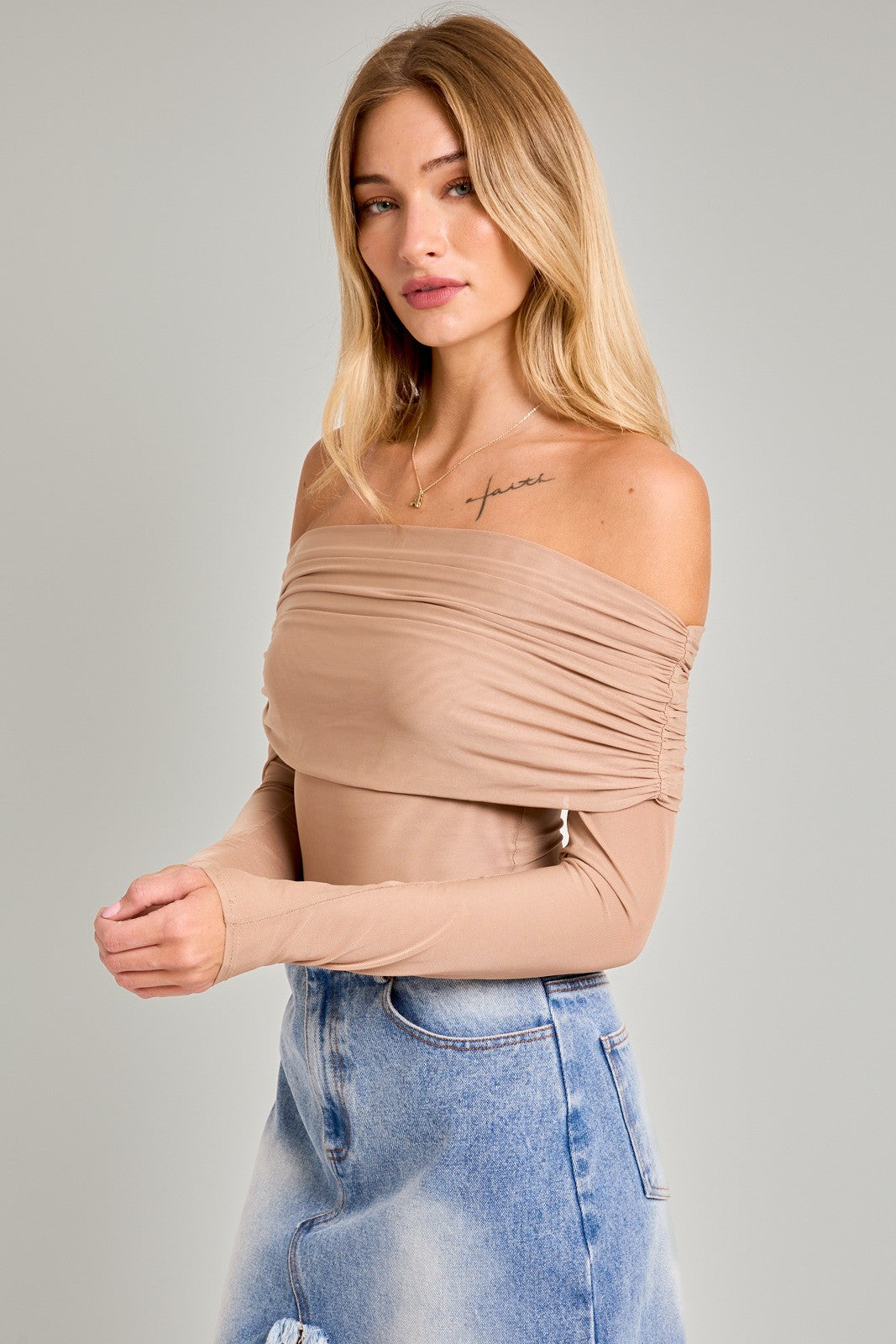 mesh fold over off the shoulder long sleeve bodysuit