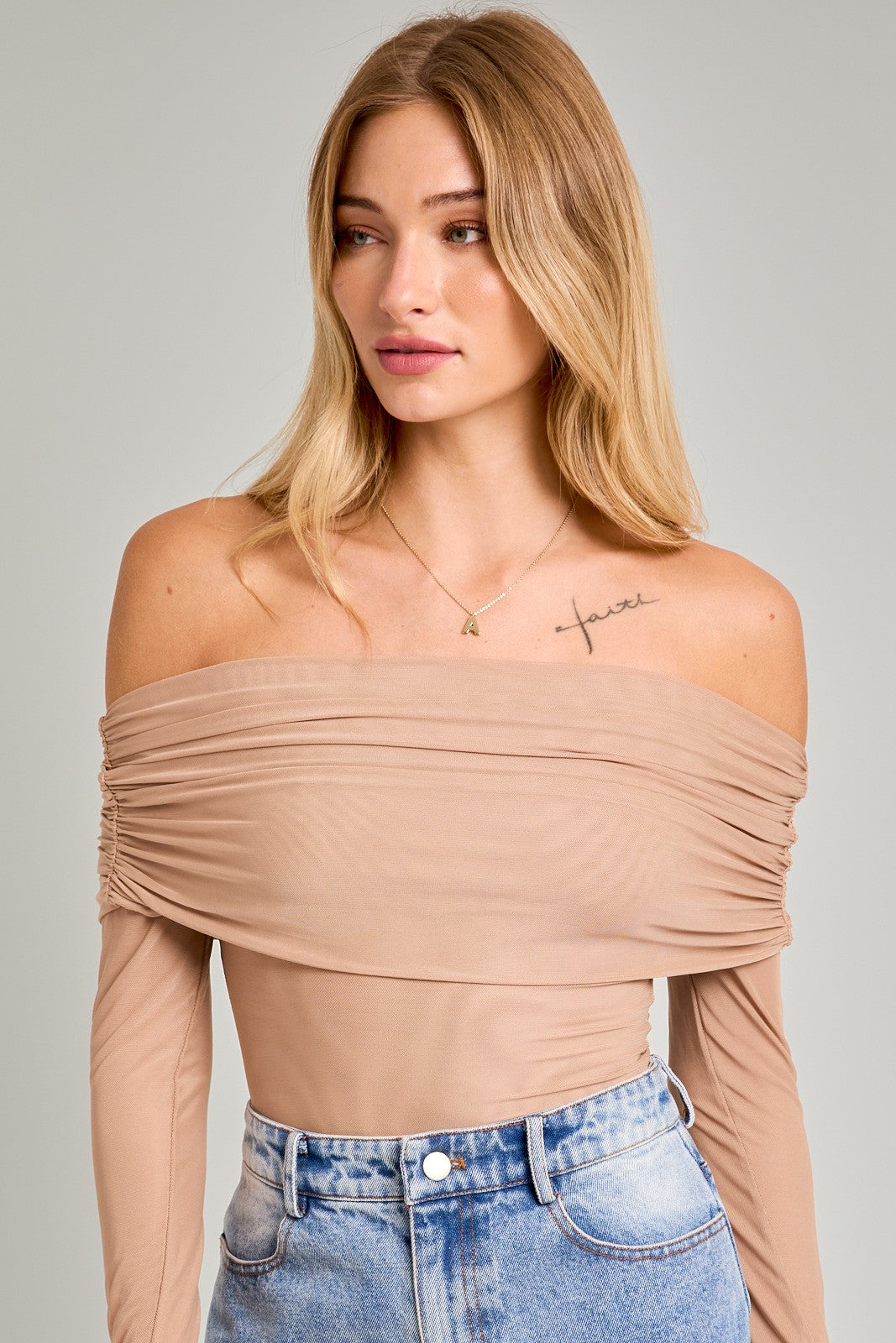 mesh fold over off the shoulder long sleeve bodysuit