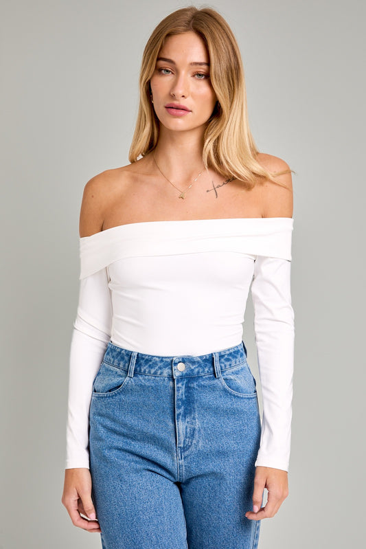 fold over off the shoulder long sleeve bodysuit