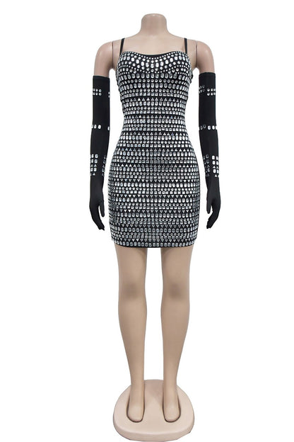 Rhinestones Bodycon Mini Dress & Gloves