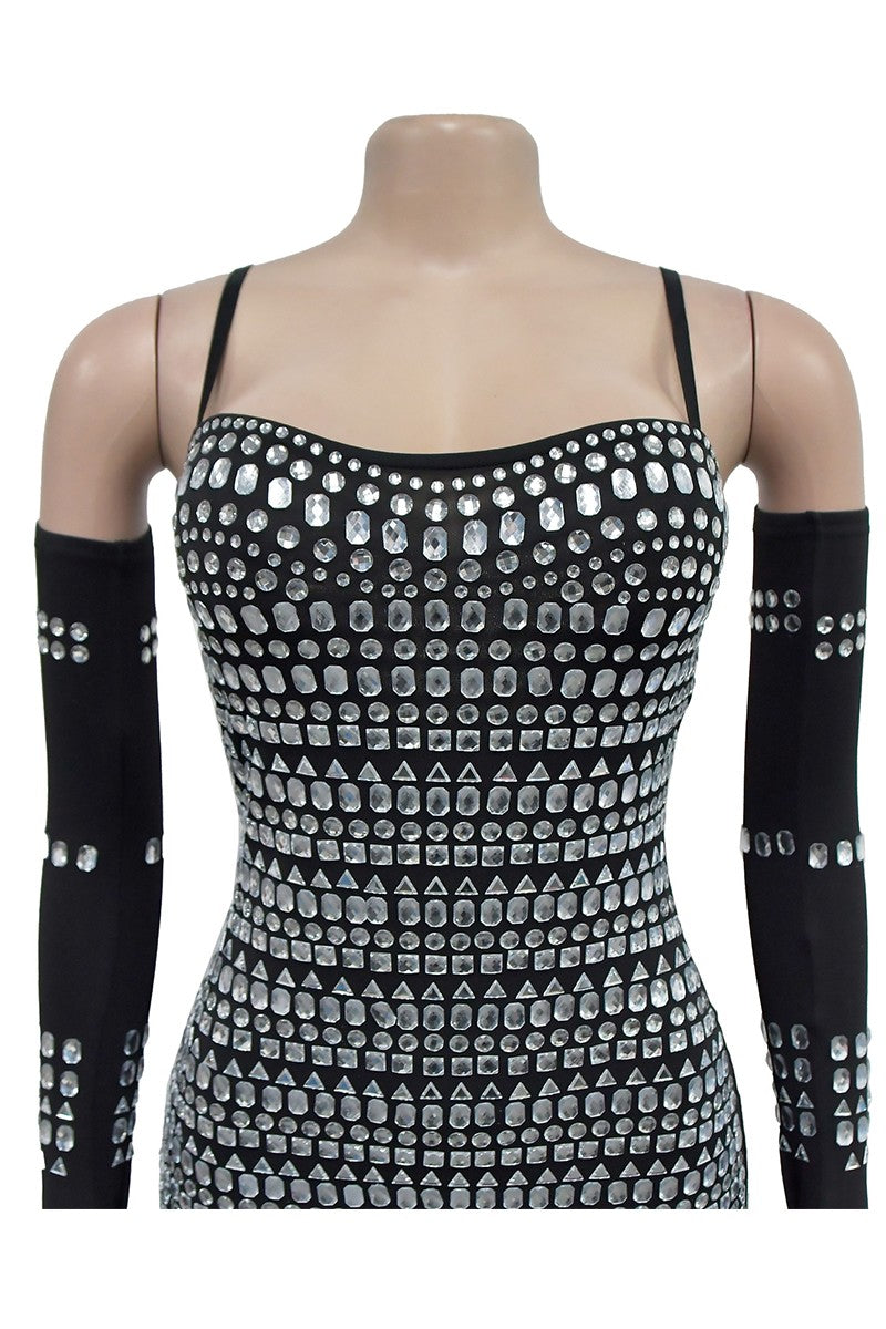 Rhinestones Bodycon Mini Dress & Gloves