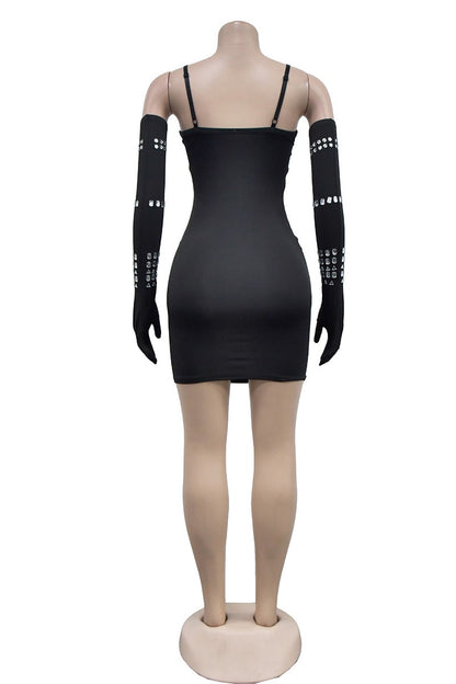 Rhinestones Bodycon Mini Dress & Gloves