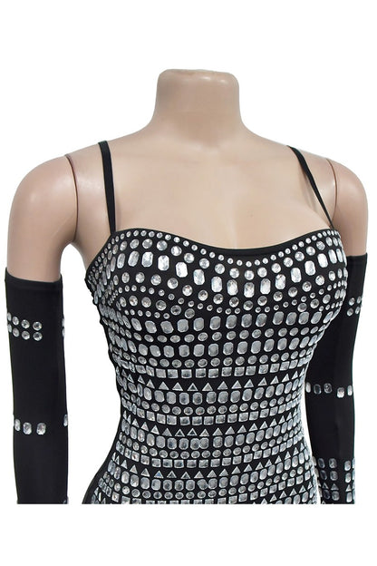 Rhinestones Bodycon Mini Dress & Gloves