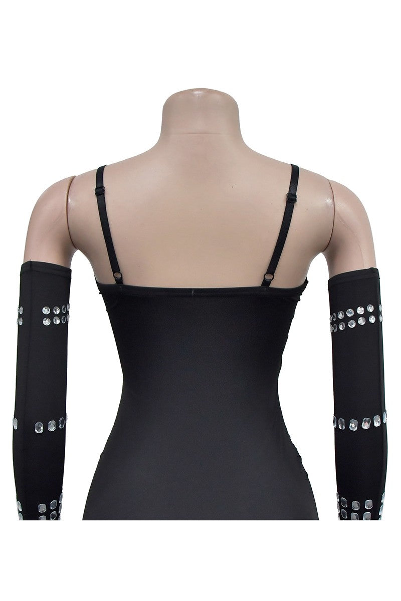 Rhinestones Bodycon Mini Dress & Gloves