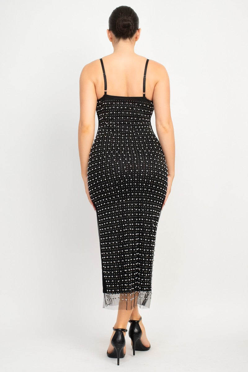 Pearl Mesh Slit Midi Dress