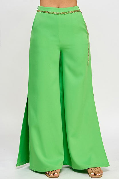 Chain Belt Side Slit Wide Leg Pants