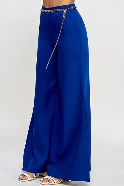 Chain Belt Side Slit Wide Leg Pants