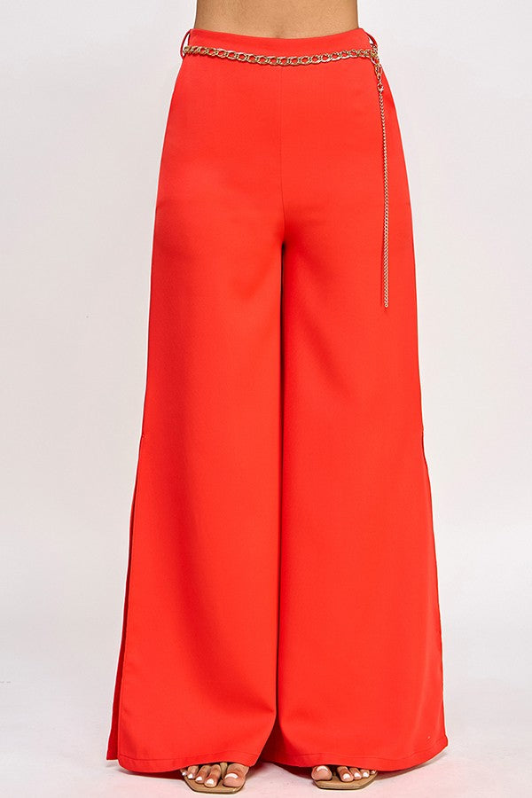 Chain Belt Side Slit Wide Leg Pants