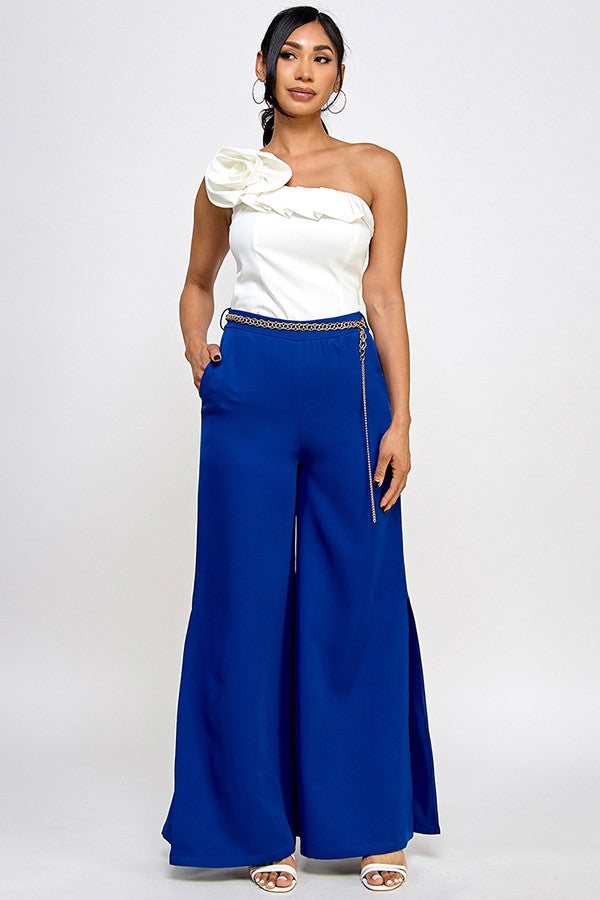 Chain Belt Side Slit Wide Leg Pants