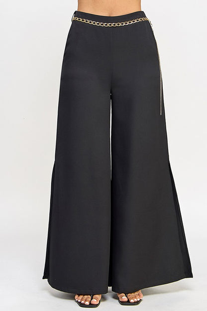 Chain Belt Side Slit Wide Leg Pants